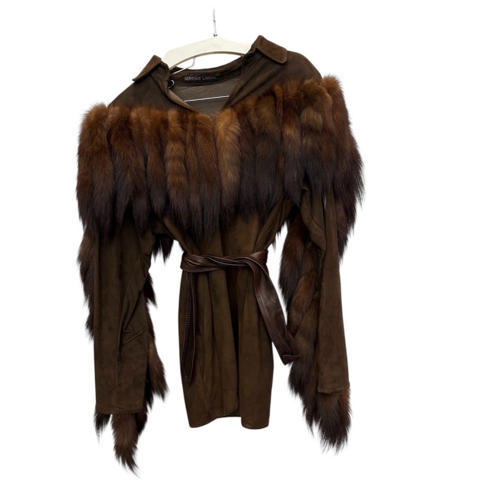vintage Adrienne Landau brown suede jacket decorated with fox fur tails small